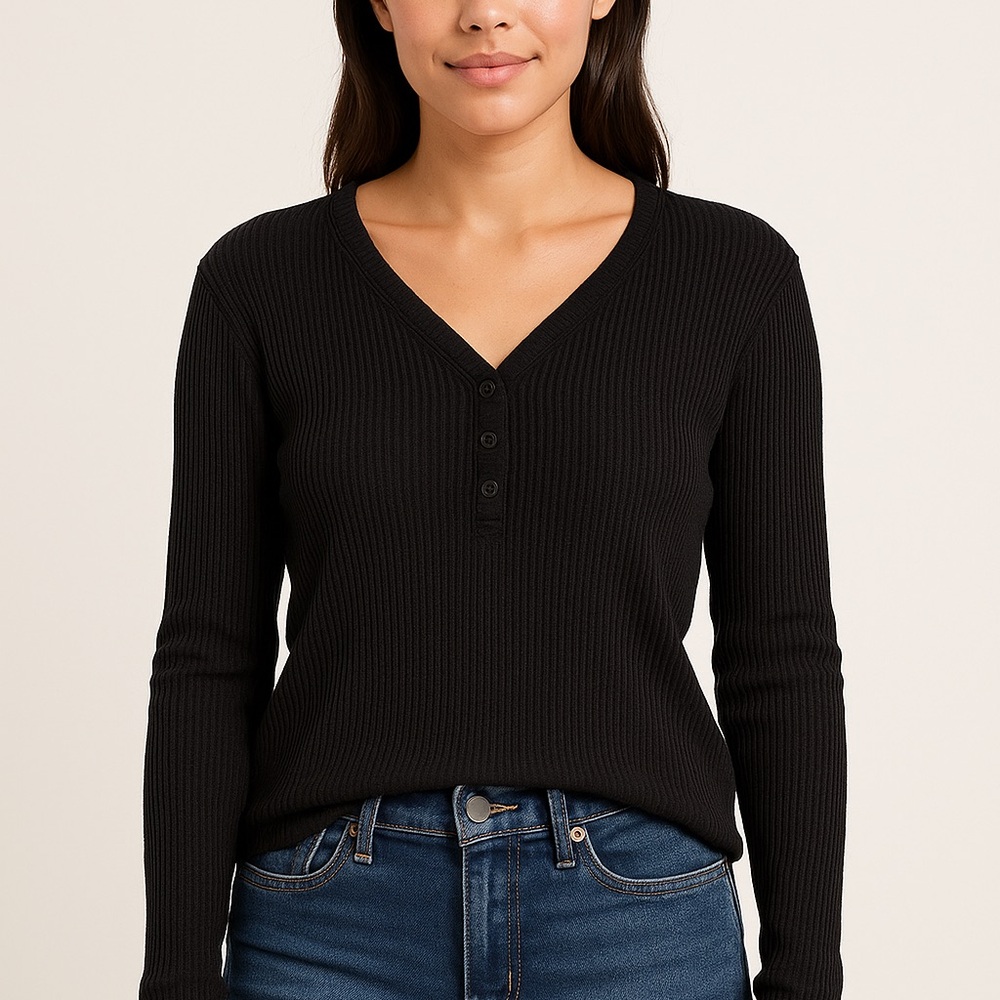 UGG Black Waffle Knit Henley Long Sleeve Top Women’s‎ Small Cozy Lounge Shirt